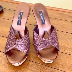 Betsy Johnson brown sequin slip on heeled sandals